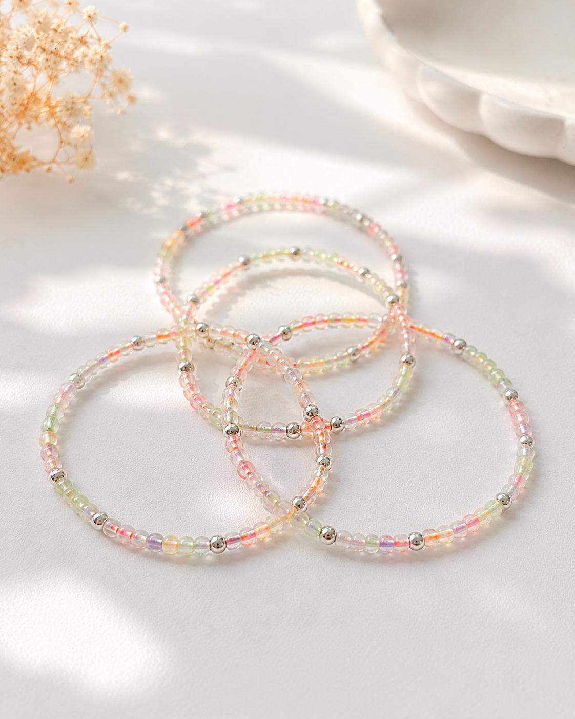 Pastel Glass Seed Bead Bracelet, 4mm Silver Accents, Stretch Bracelet, Semi Translucent Color Lined Beads