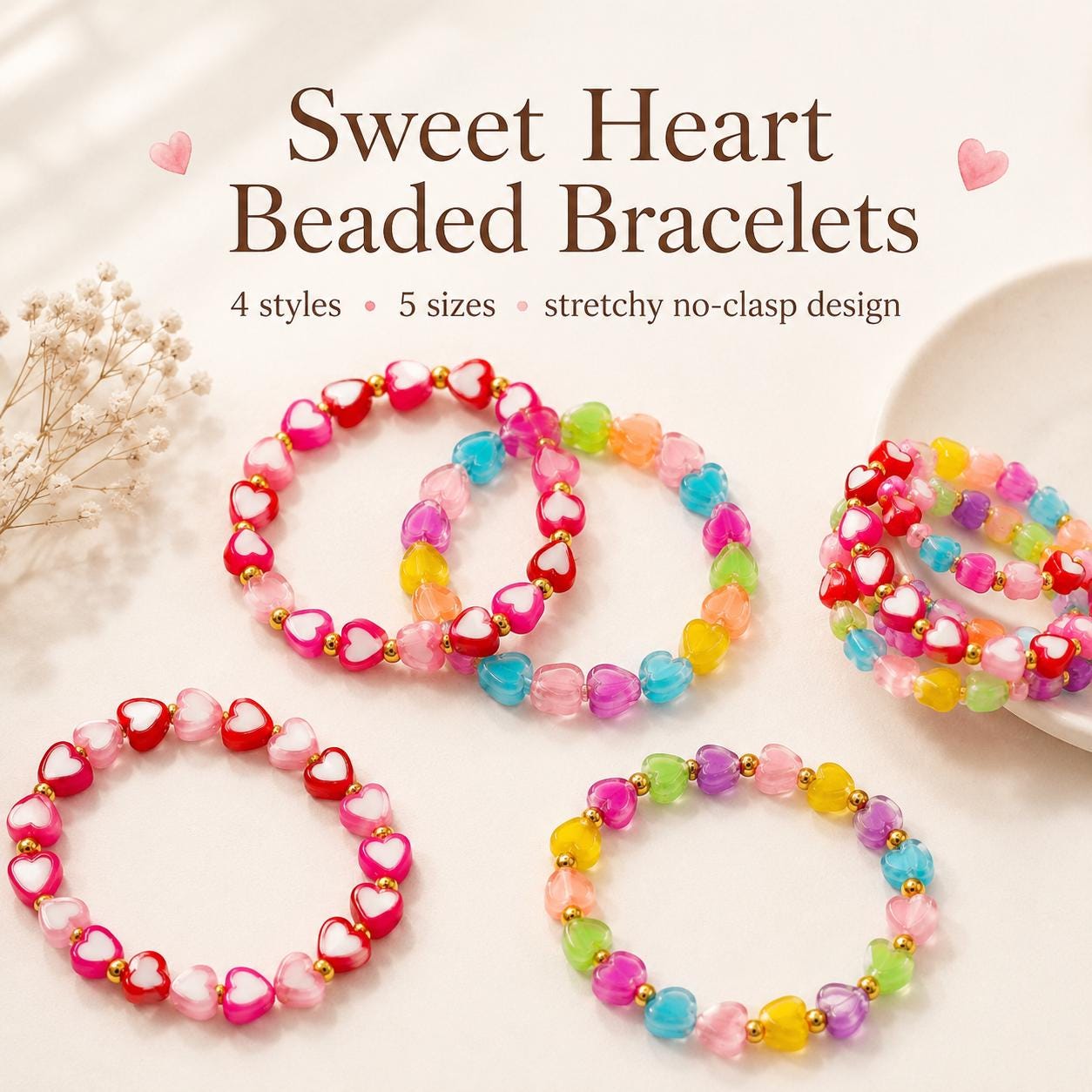 Sweet Heart Beaded Bracelets - Love in Every Style! - Stretchy, No Clasp Design