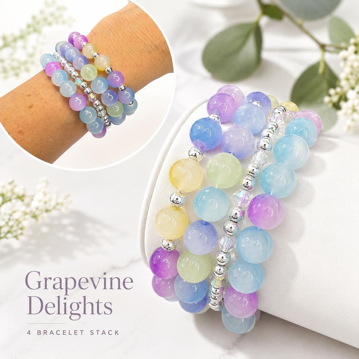 Purple Blue Glass Bead Bracelet Set, Stackable Stretch Bracelets, Handmade Grape Jewelry Gift for Women
