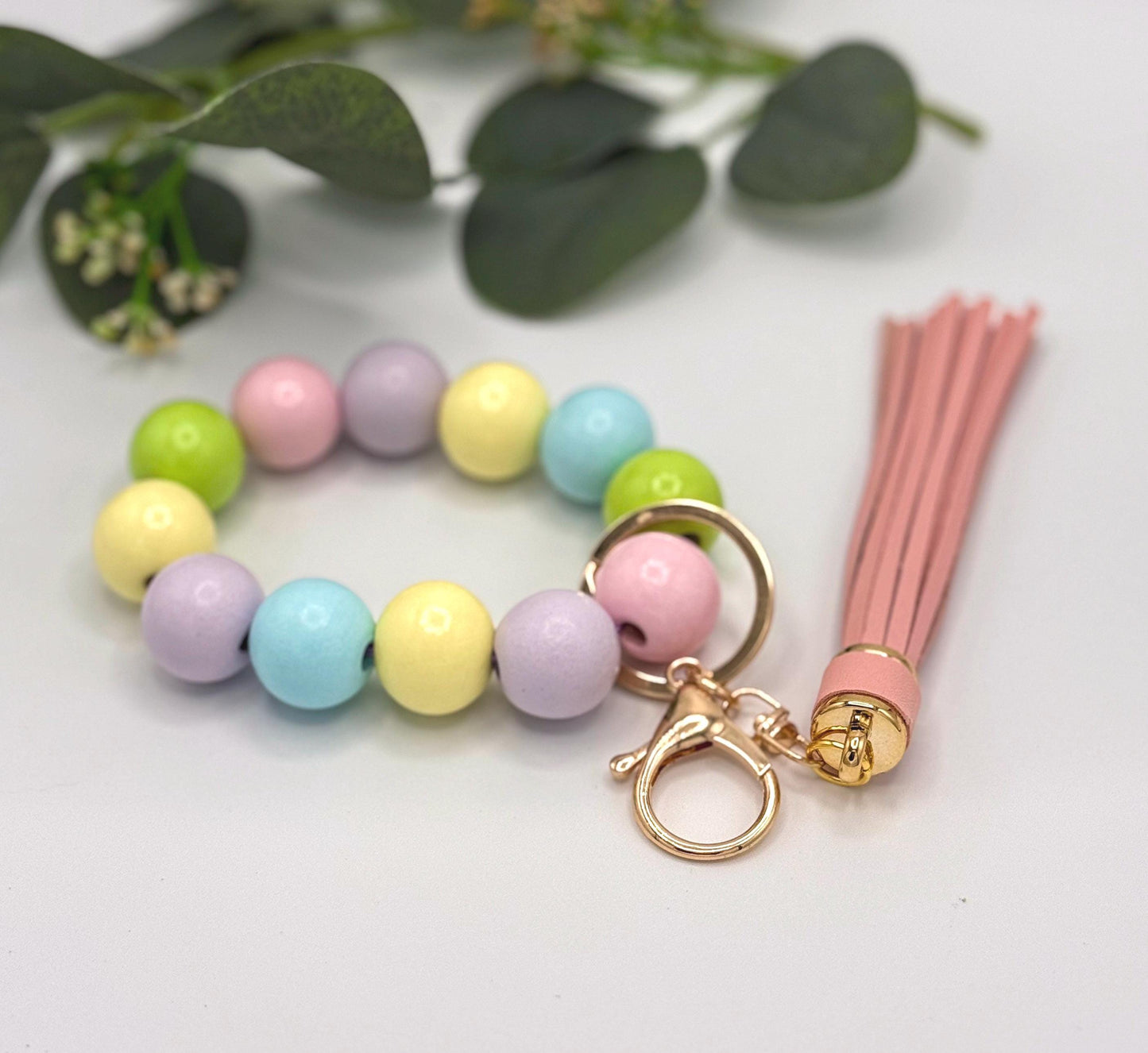 Stretchy Keychain Wristlets - Wood Beads - Spring Easter Pastel - Leather Tassel - Bag Charms - Lobster Clasp & Key Ring