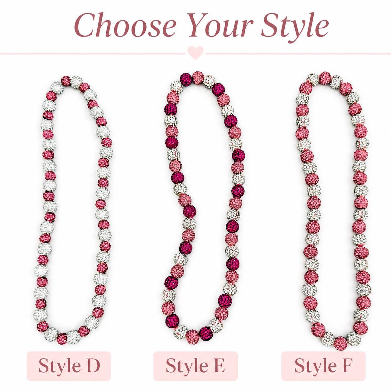 Pink Rhinestone Necklace, Heart Bead Shamballa Necklace, Stretchy No Clasp Jewelry, Sparkly Gift for Her