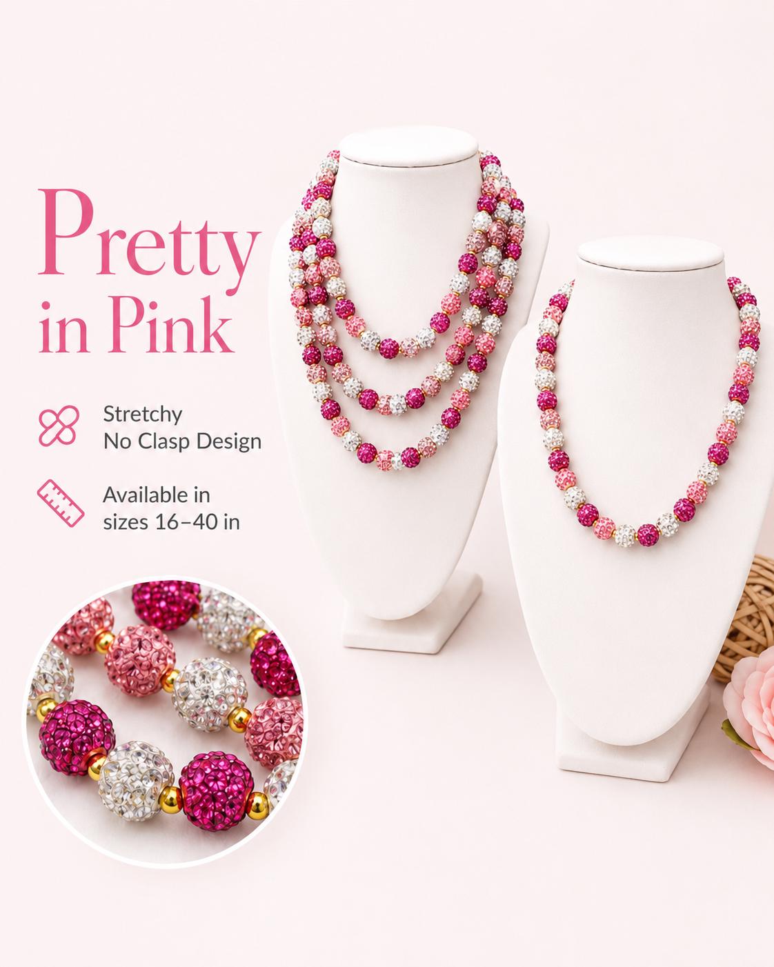 Pink Rhinestone Necklace, Heart Bead Shamballa Necklace, Stretchy No Clasp Jewelry, Sparkly Gift for Her