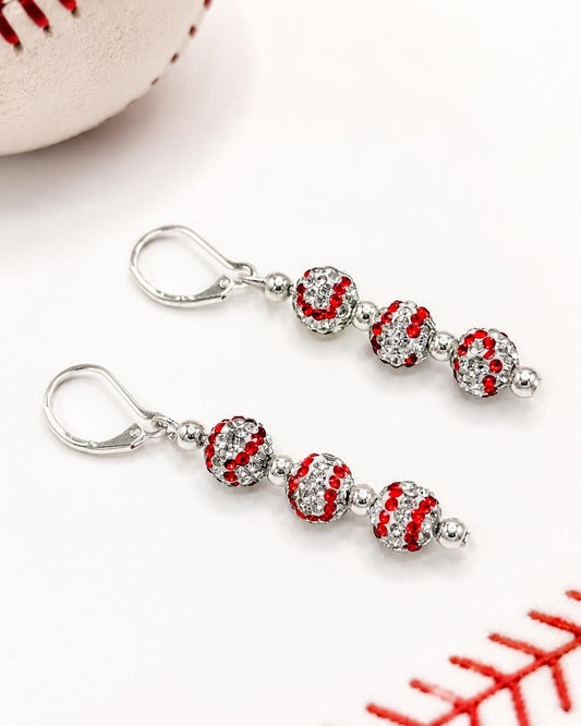 Rhinestone Baseball Earrings, Sparkle Game Day Jewelry, Hypoallergenic Silver Leverback Dangle, Baseball Mom Bling, Sports Fan Gift