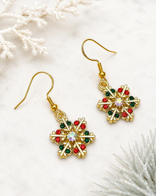 Red Green Snowflake Dangle Earrings