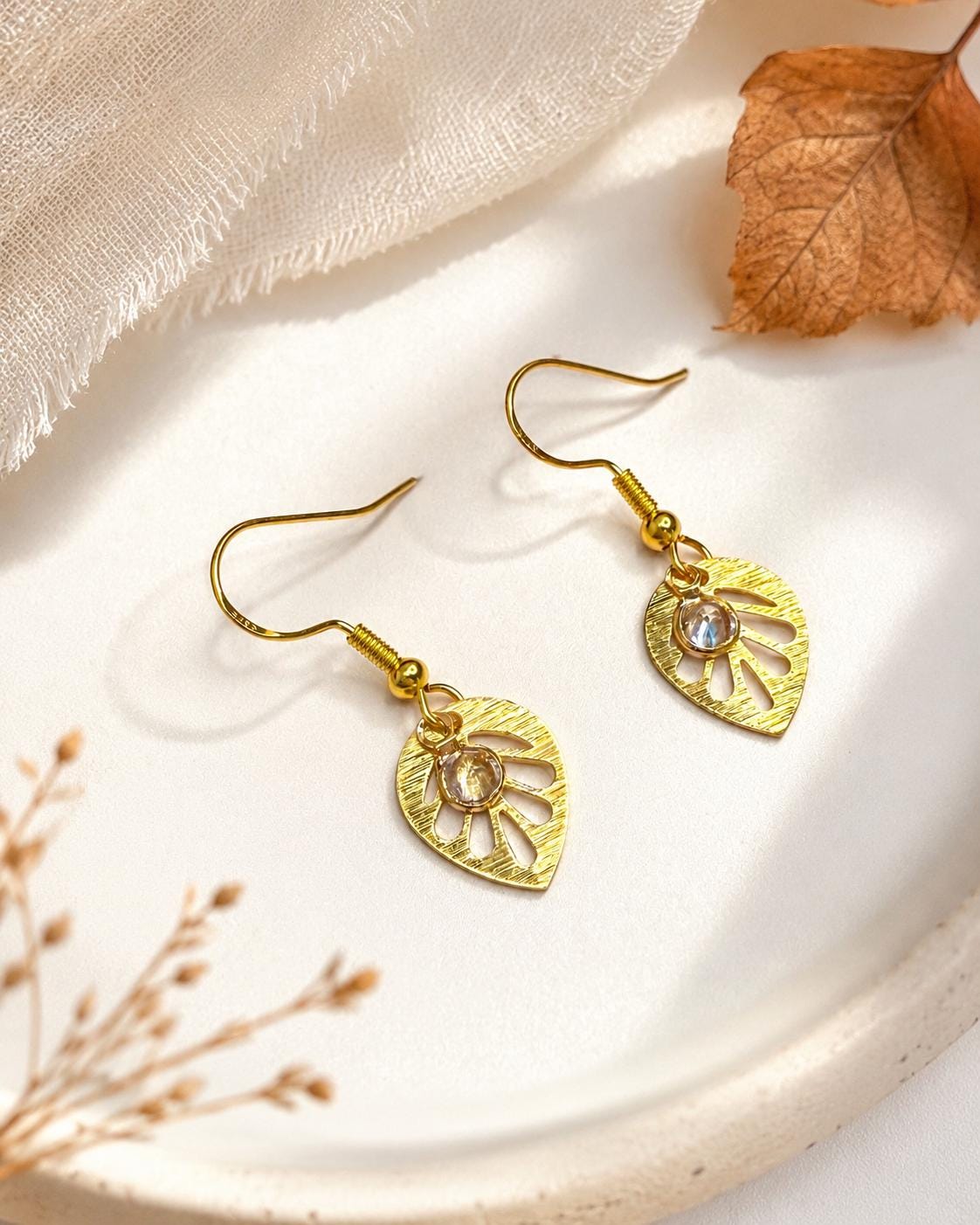 Gold Leaf Crystal Dangle Earrings
