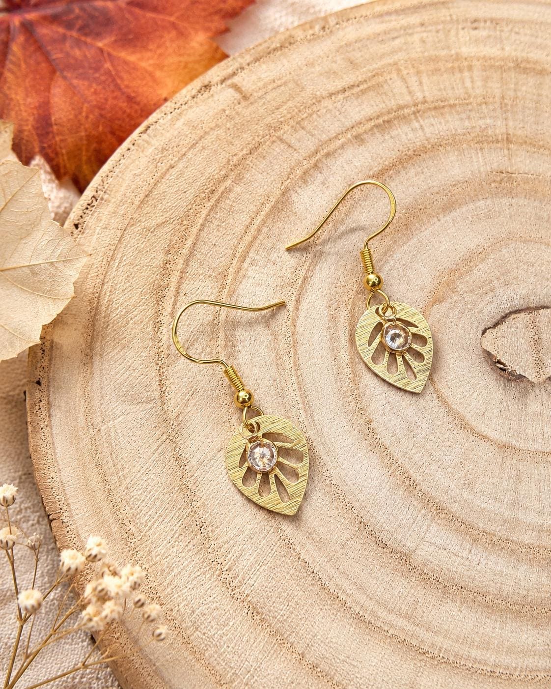 Gold Leaf Crystal Dangle Earrings