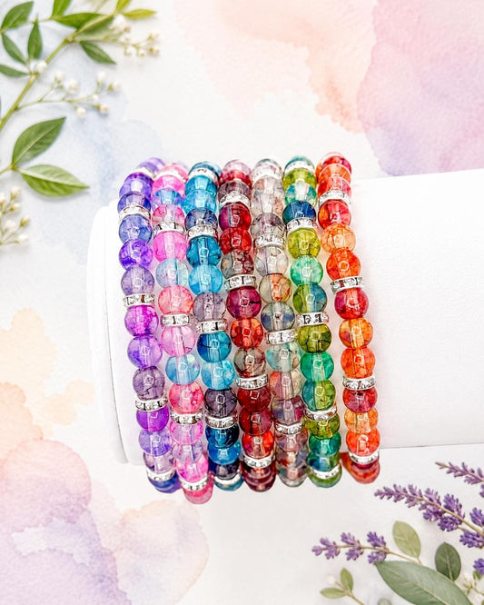 Artistic Watercolor Bracelets with Crystal Elegance- Various Colors- 6mm Glass Beads and Silver Spacers - Stretchy, No Clasp Design