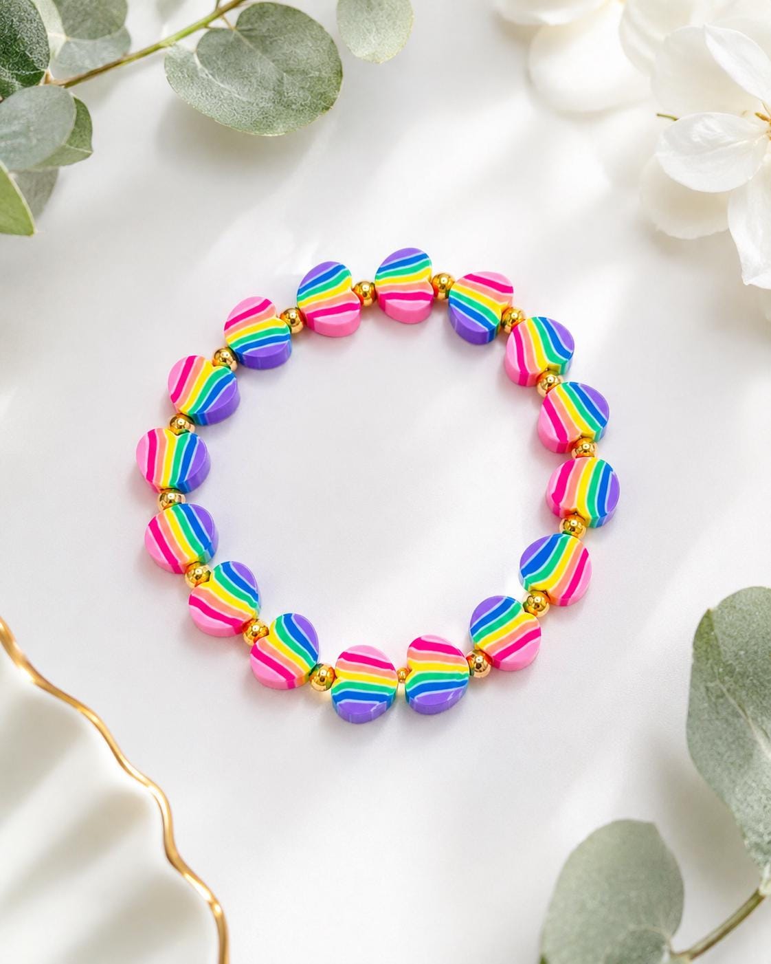 Rainbow Heart Clay Beaded Bracelet