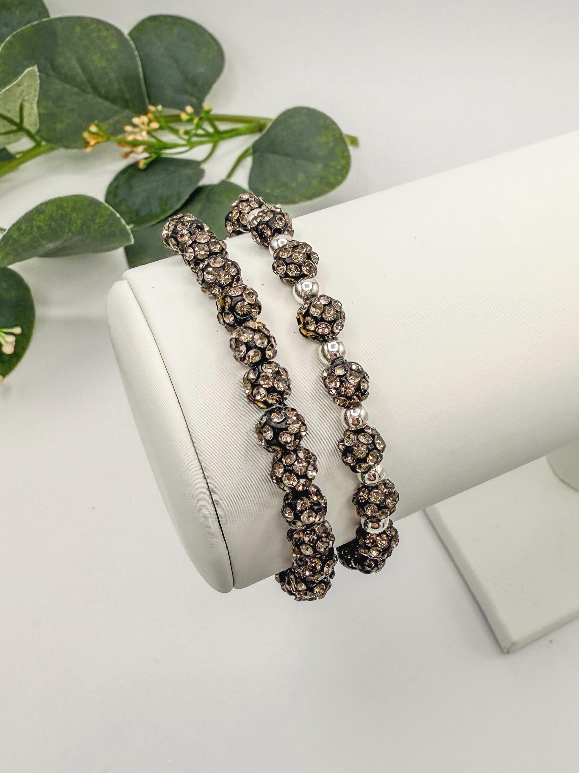 Gunmetal Grey: Rhinestone & Silver Beaded Bracelet - 6mm Bead Size - Various Designs - Stretchy, No Clasp Design