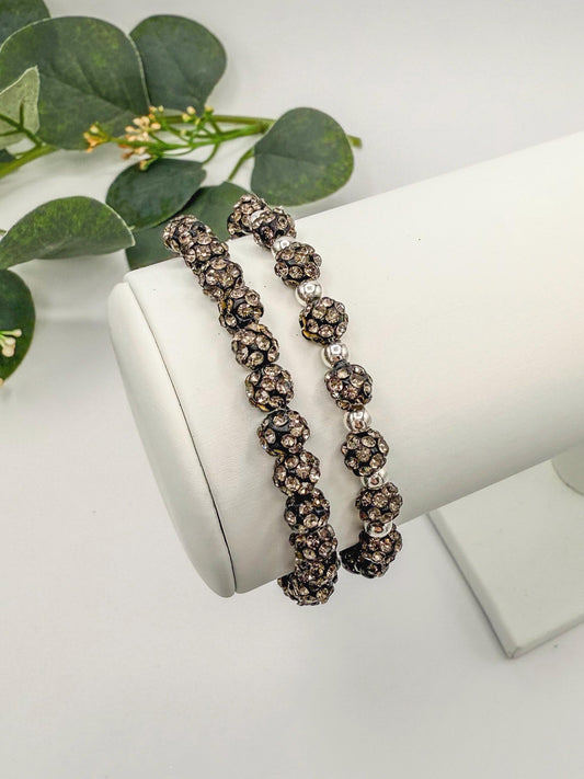 Gunmetal Grey: Rhinestone & Silver Beaded Bracelet - 6mm Bead Size - Various Designs - Stretchy, No Clasp Design