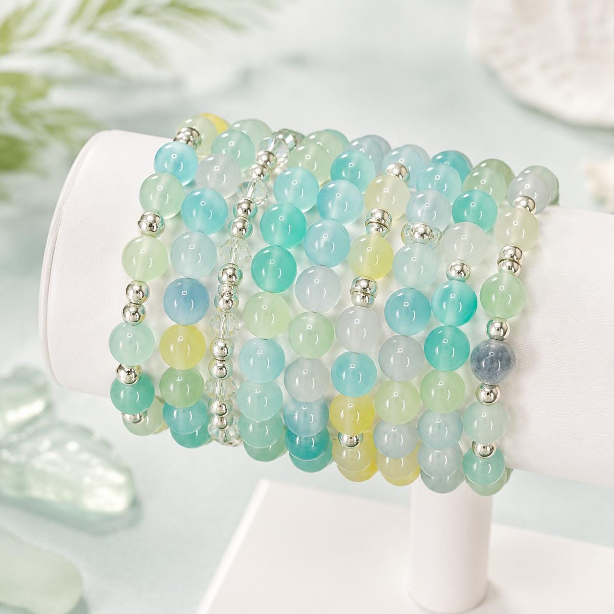 Seafoam Glass Bead Bracelet Stack