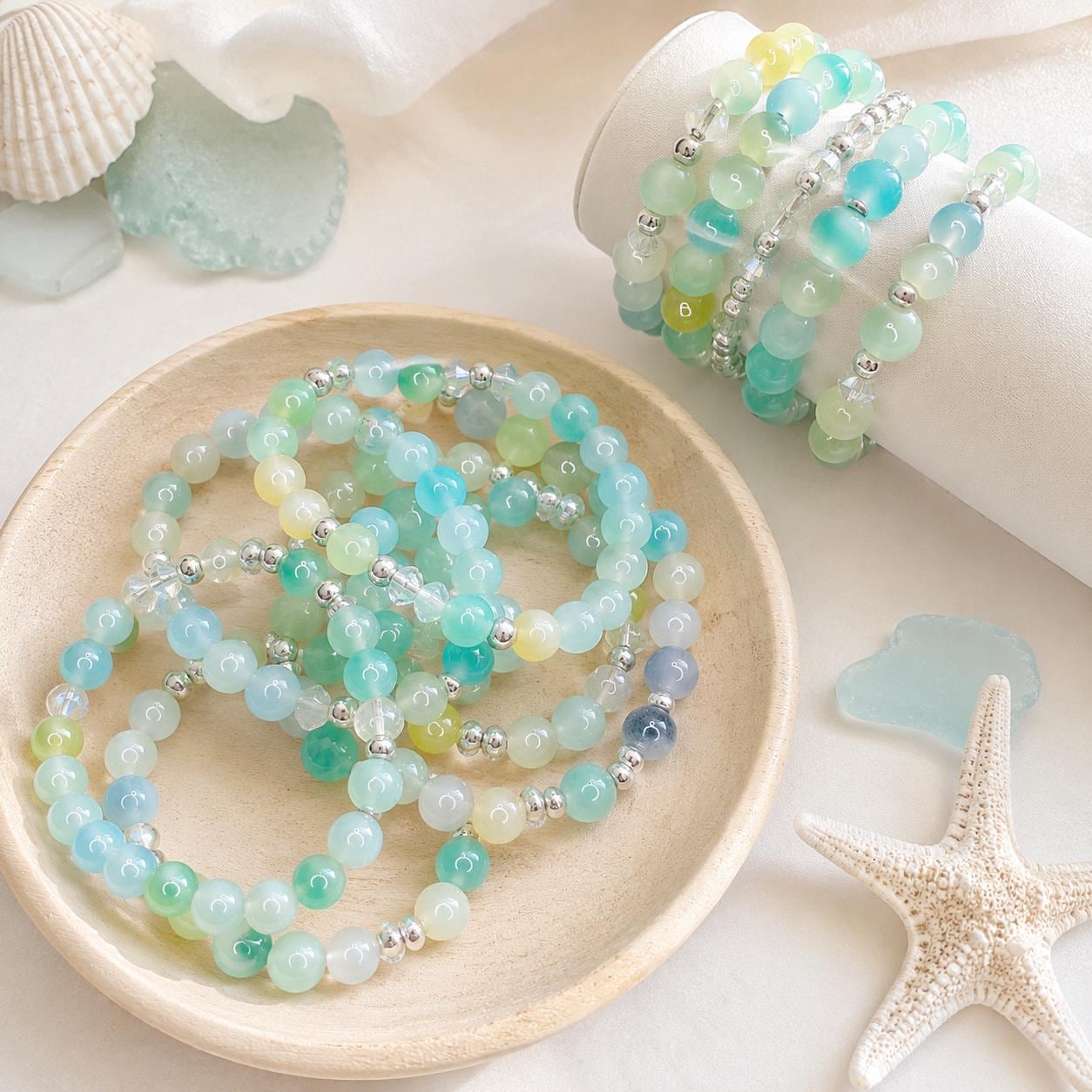 Seafoam Glass Bead Bracelet Stack