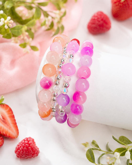 Berry Punch - Glass Bead Bracelet Stack - Multi Color & Design - Coordinating Set - Stretchy, No Clasp Design