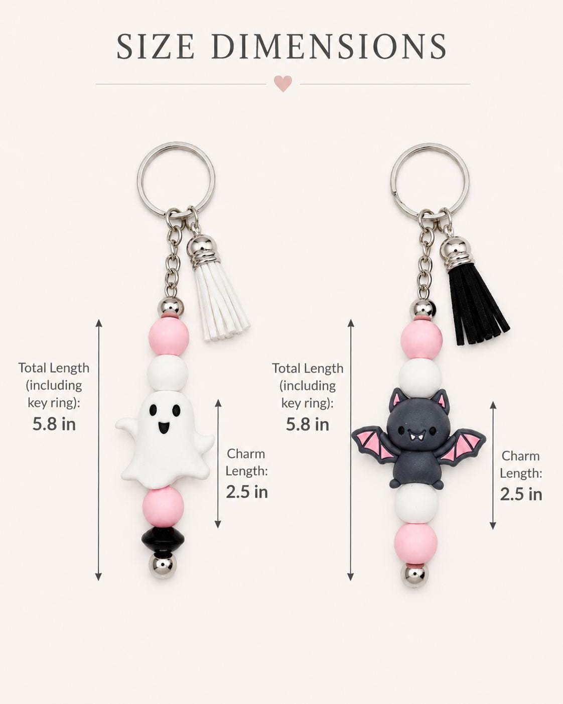 May include: Two Halloween-themed keychains. One features a white ghost charm, the other a black bat. Both have pink, white, and black beads, a silver key ring, and a tassel. Total length is 5.8 inches, charm length is 2.5 inches.