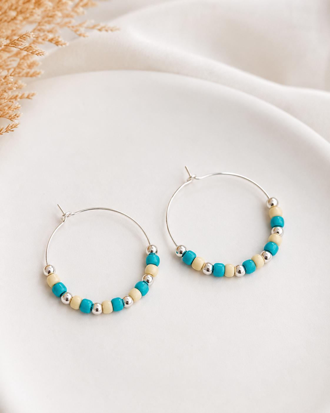 Turquoise Cream Seed Bead Hoop Earrings