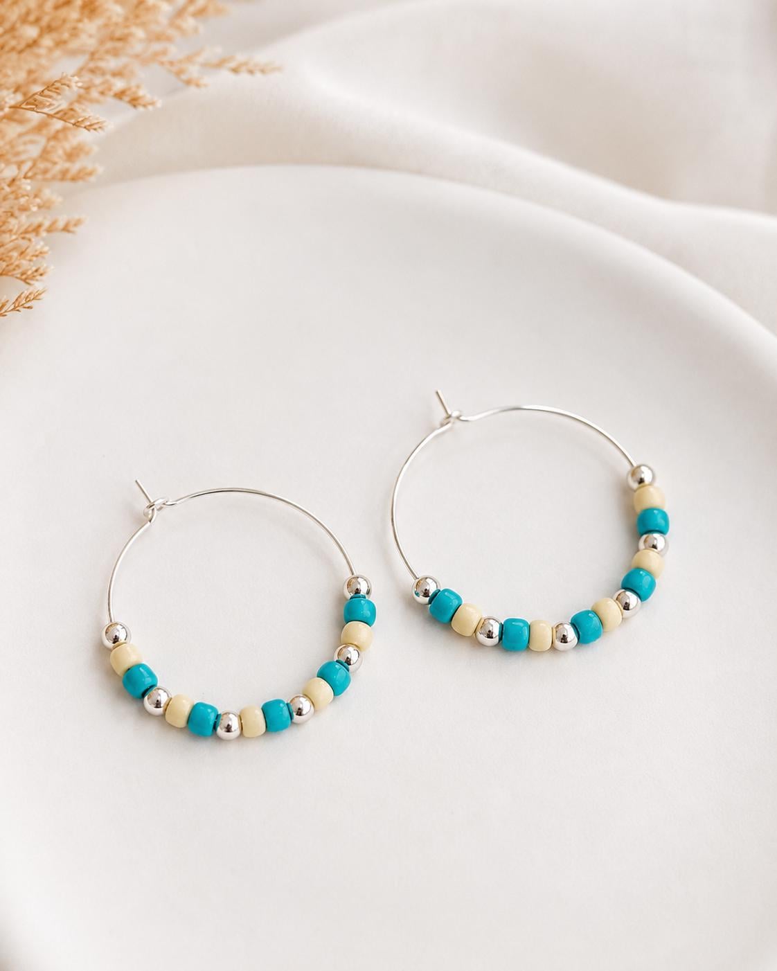 Turquoise Cream Seed Bead Hoop Earrings, 35mm Hypoallergenic Silver Hoops, Coastal Handmade Jewelry Gift