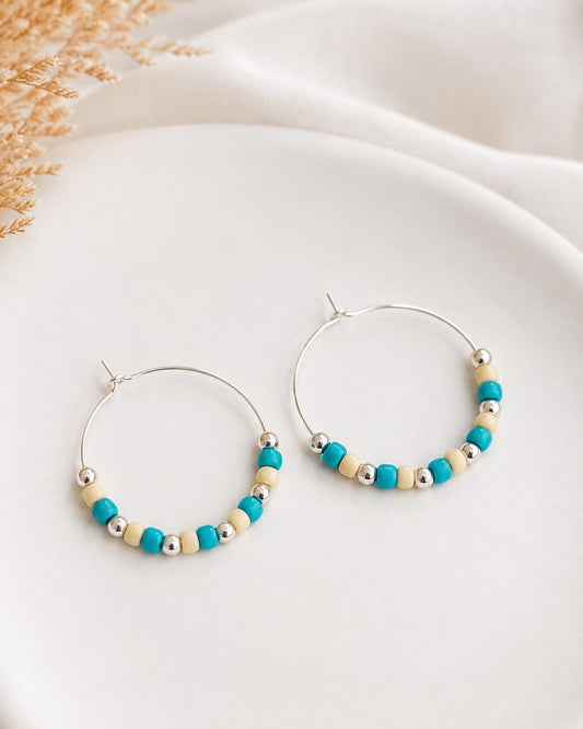 Turquoise Cream Seed Bead Hoop Earrings, 35mm Hypoallergenic Silver Hoops, Coastal Handmade Jewelry Gift