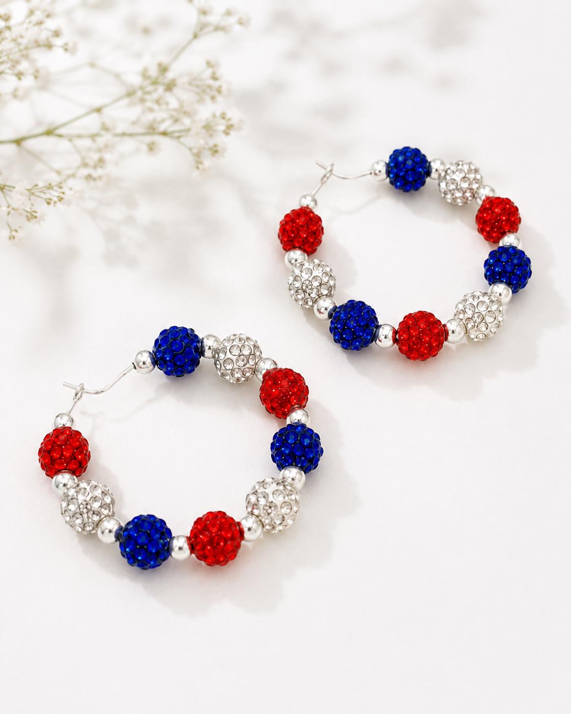 Red White Blue Rhinestone Hoop Earrings