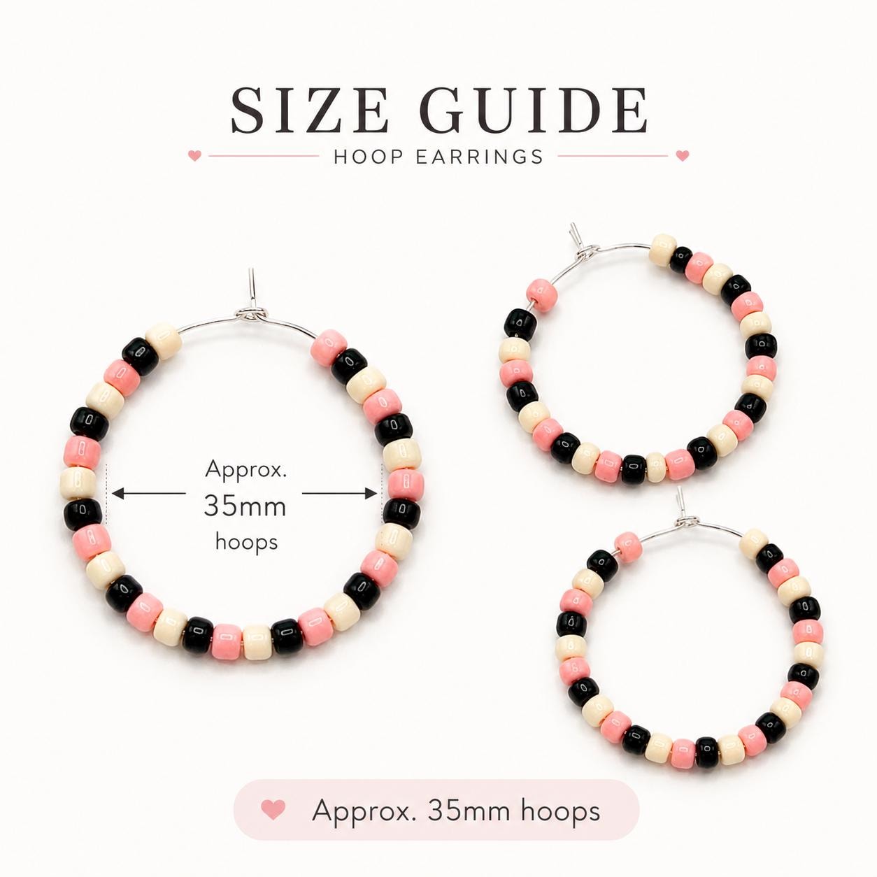Black Pink Cream Seed Bead Hoop Earrings, 35mm Hypoallergenic Silver Hoops, Handmade Beaded Earrings Gift