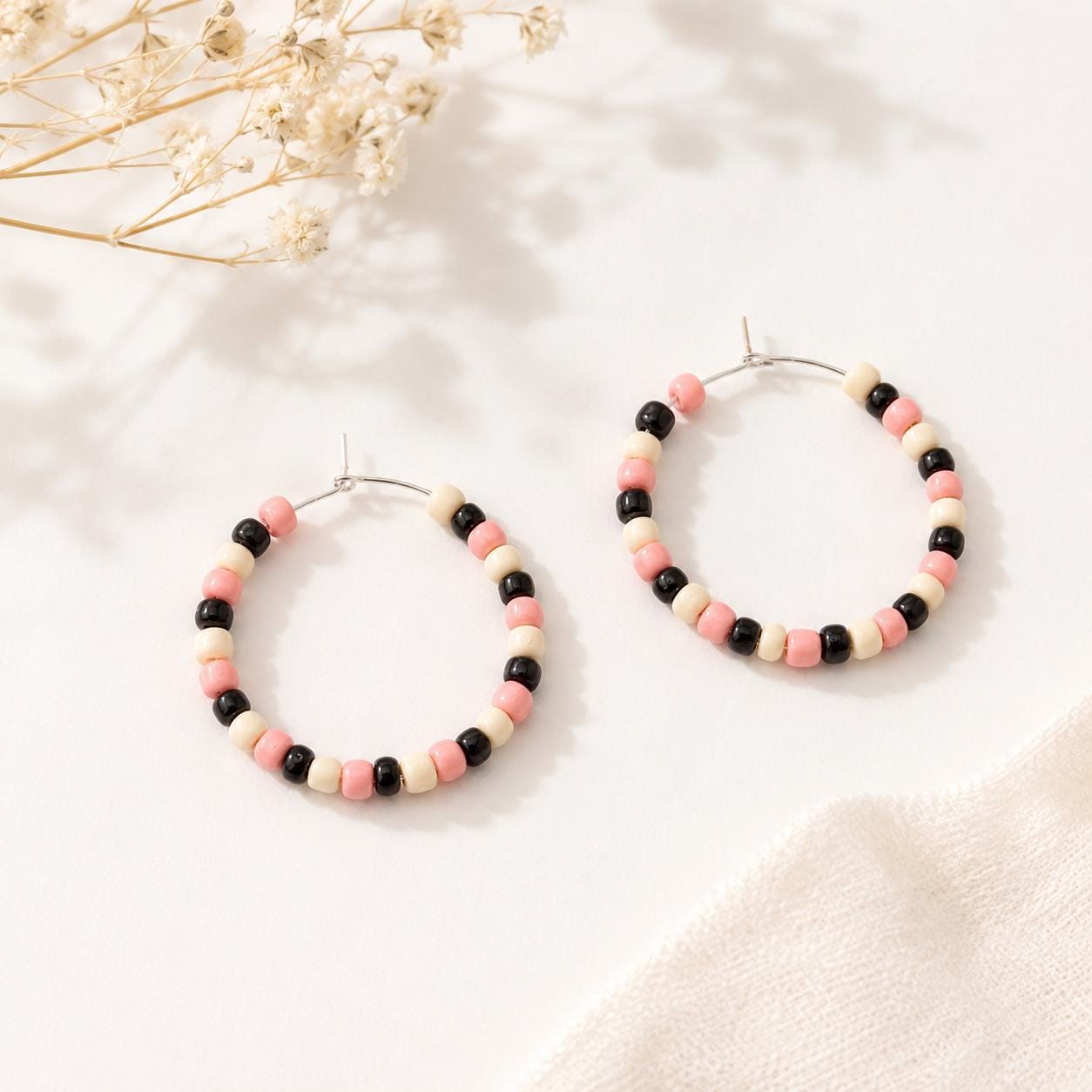 Black Pink Cream Seed Bead Hoop Earrings, 35mm Hypoallergenic Silver Hoops, Handmade Beaded Earrings Gift