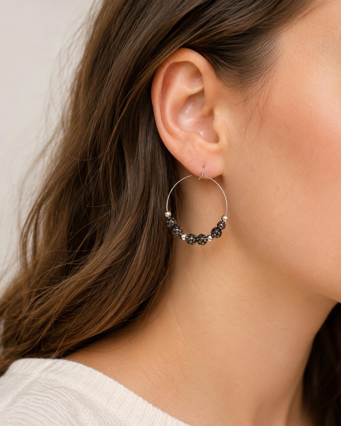Gunmetal Black Rhinestone Hoop Earrings, 35mm Gray Beaded Hoops, Hypoallergenic Silver Handmade Earrings Gift