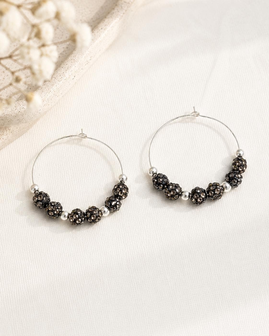 Gunmetal Black Rhinestone Hoop Earrings, 35mm Gray Beaded Hoops, Hypoallergenic Silver Handmade Earrings Gift