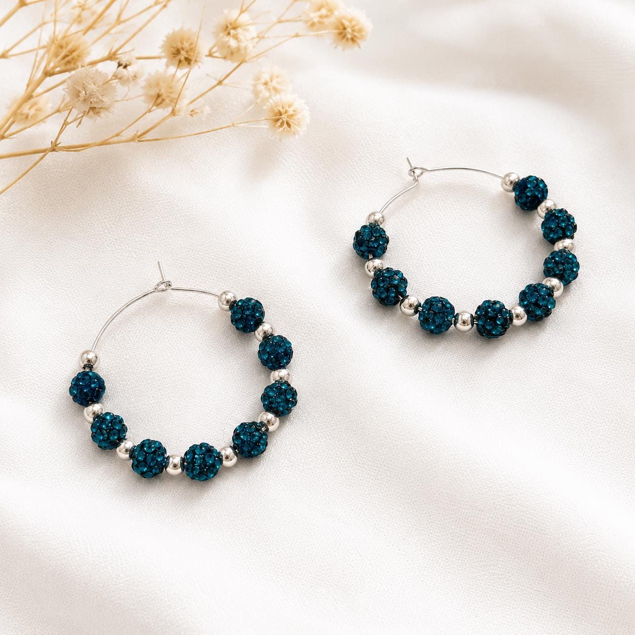 Turquoise Rhinestone Hoop Earrings, 35mm Beaded Silver Hoops, Hypoallergenic Handmade Sparkle Earrings Gift