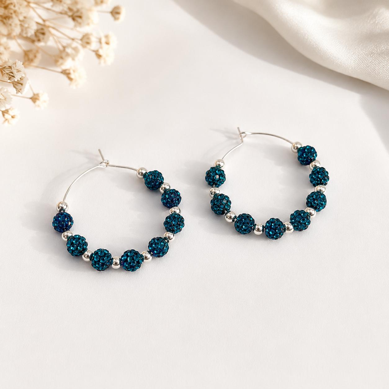 Turquoise Rhinestone Hoop Earrings, 35mm Beaded Silver Hoops, Hypoallergenic Handmade Sparkle Earrings Gift