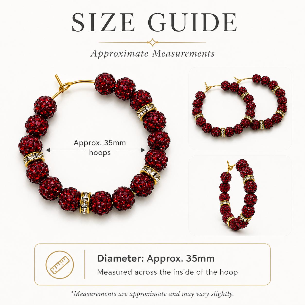 Red Rhinestone Hoop Earrings, 35mm Gold Crystal Spacer Hoops, Hypoallergenic Gold Handmade Sparkle Earrings Gift