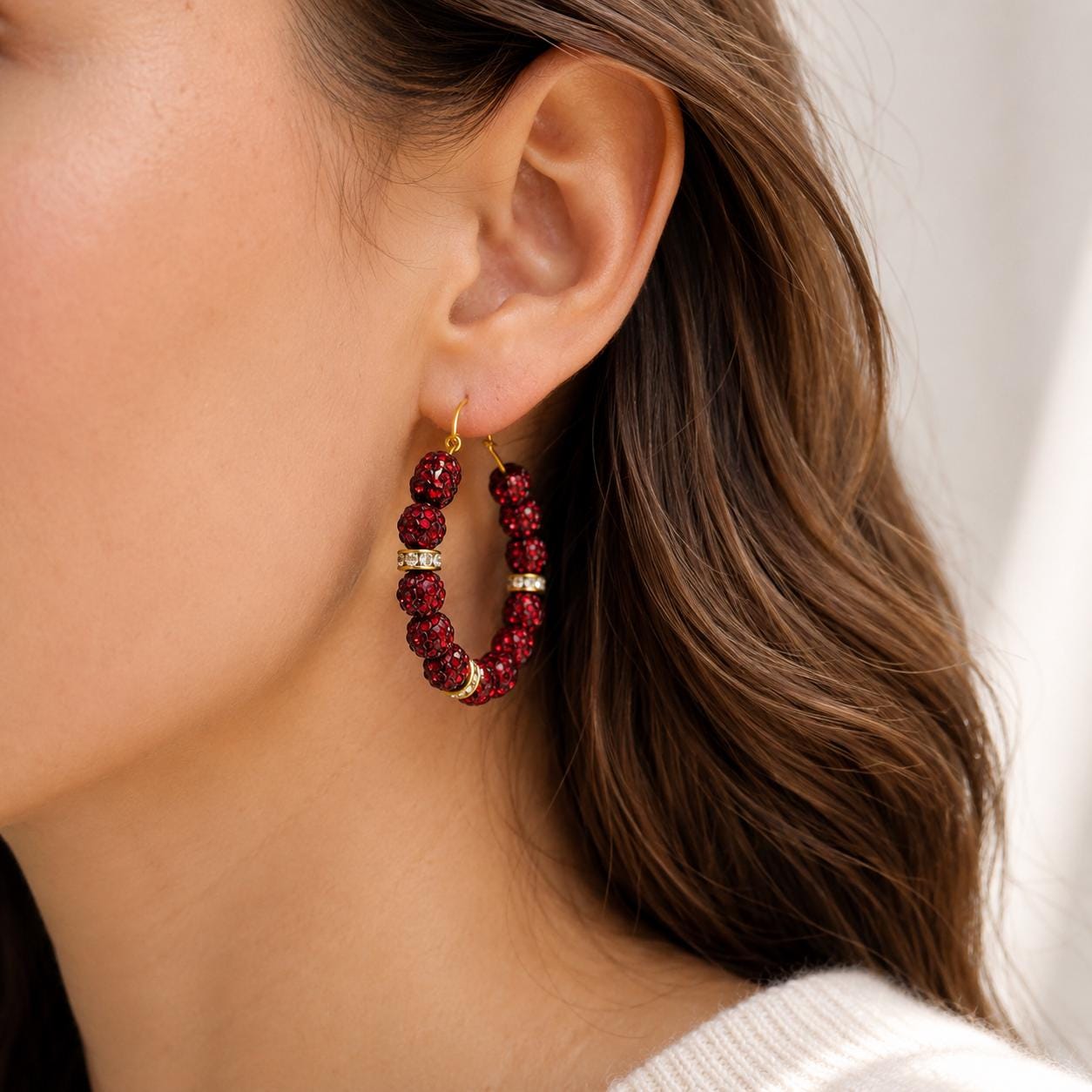 Red Rhinestone Hoop Earrings, 35mm Gold Crystal Spacer Hoops, Hypoallergenic Gold Handmade Sparkle Earrings Gift
