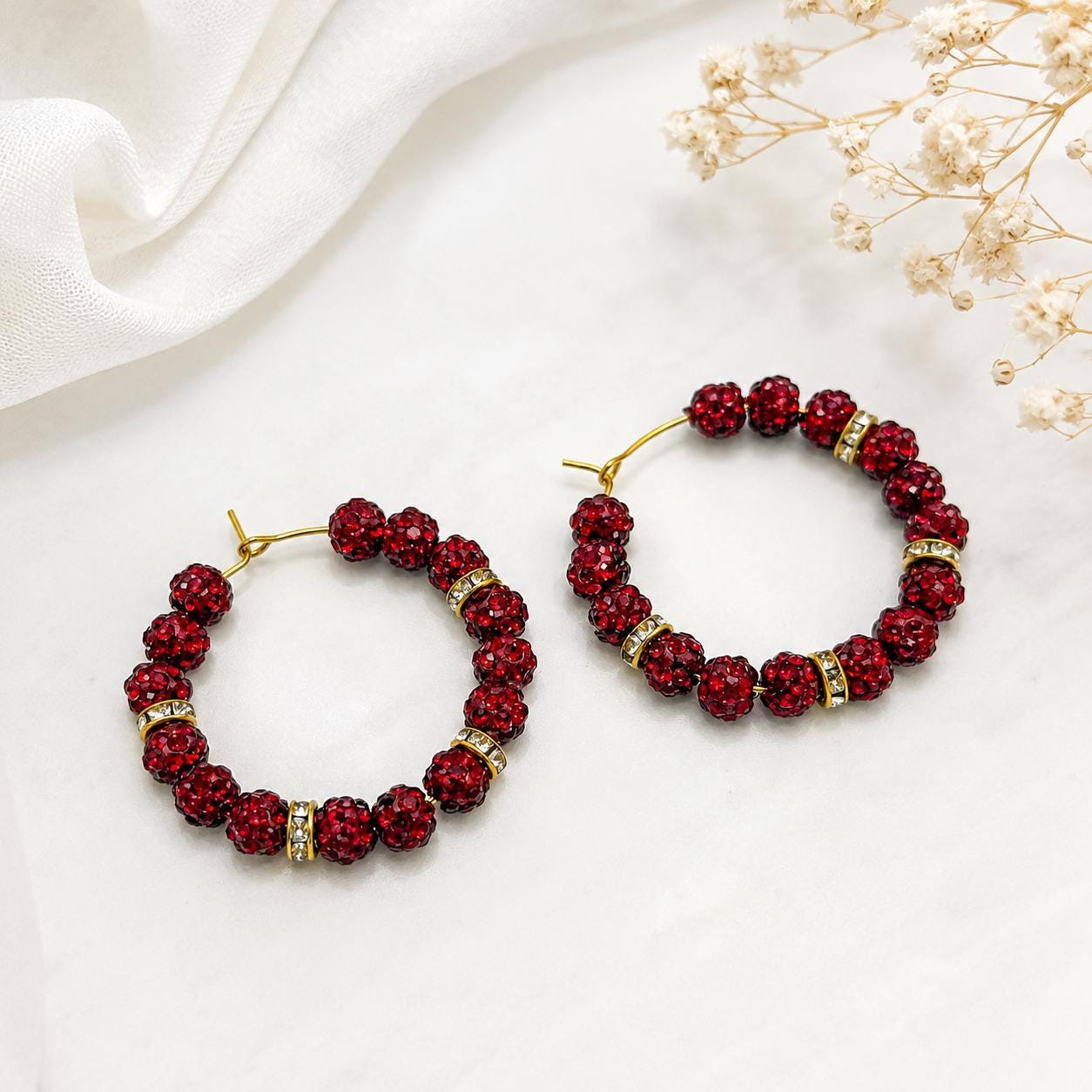 Red Rhinestone Hoop Earrings, 35mm Gold Crystal Spacer Hoops, Hypoallergenic Gold Handmade Sparkle Earrings Gift