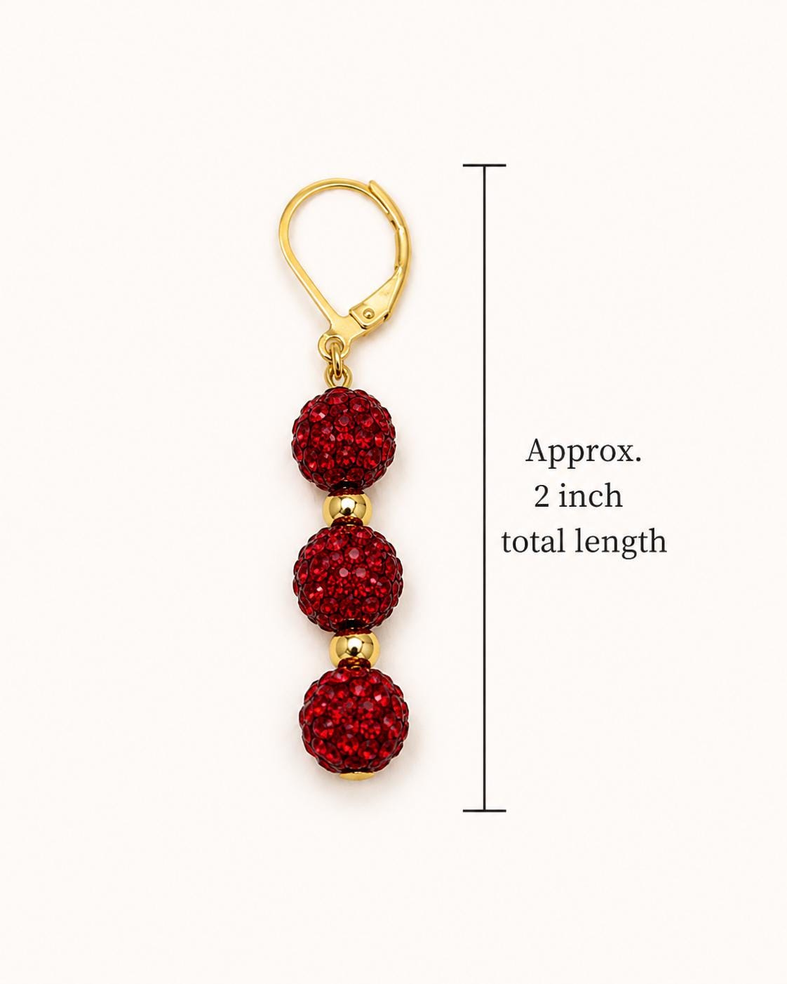 Red Rhinestone Drop Earrings, Gold Spacer Beaded Dangle Earrings, 2 Inch Hypoallergenic Gold Sparkle Jewelry Gift