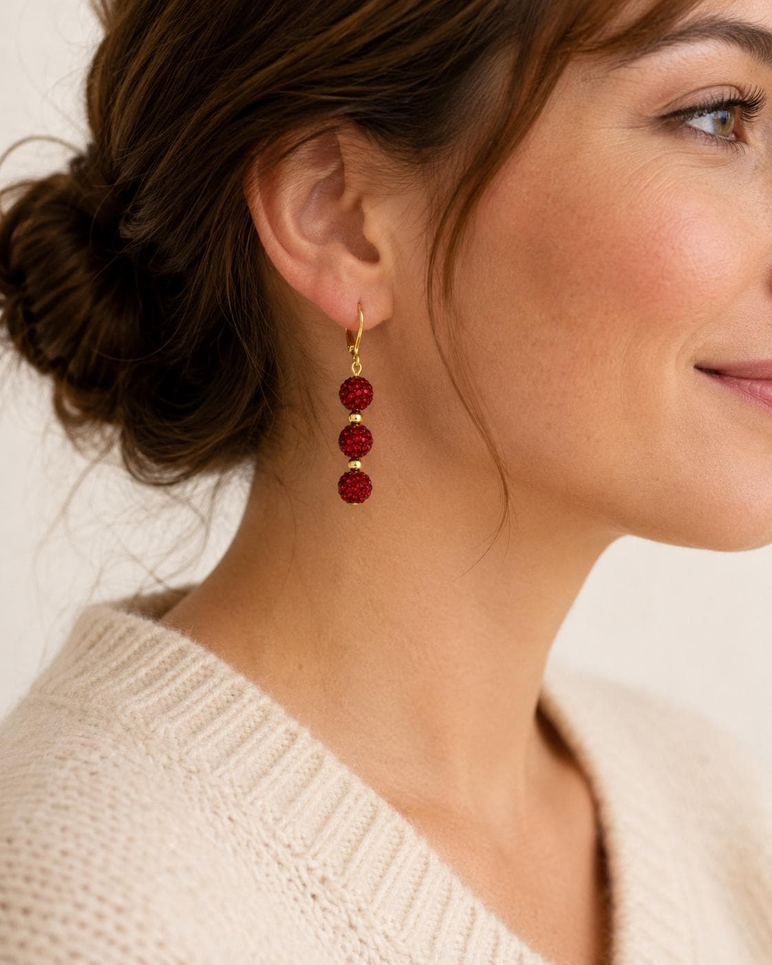 Red Rhinestone Drop Earrings, Gold Spacer Beaded Dangle Earrings, 2 Inch Hypoallergenic Gold Sparkle Jewelry Gift