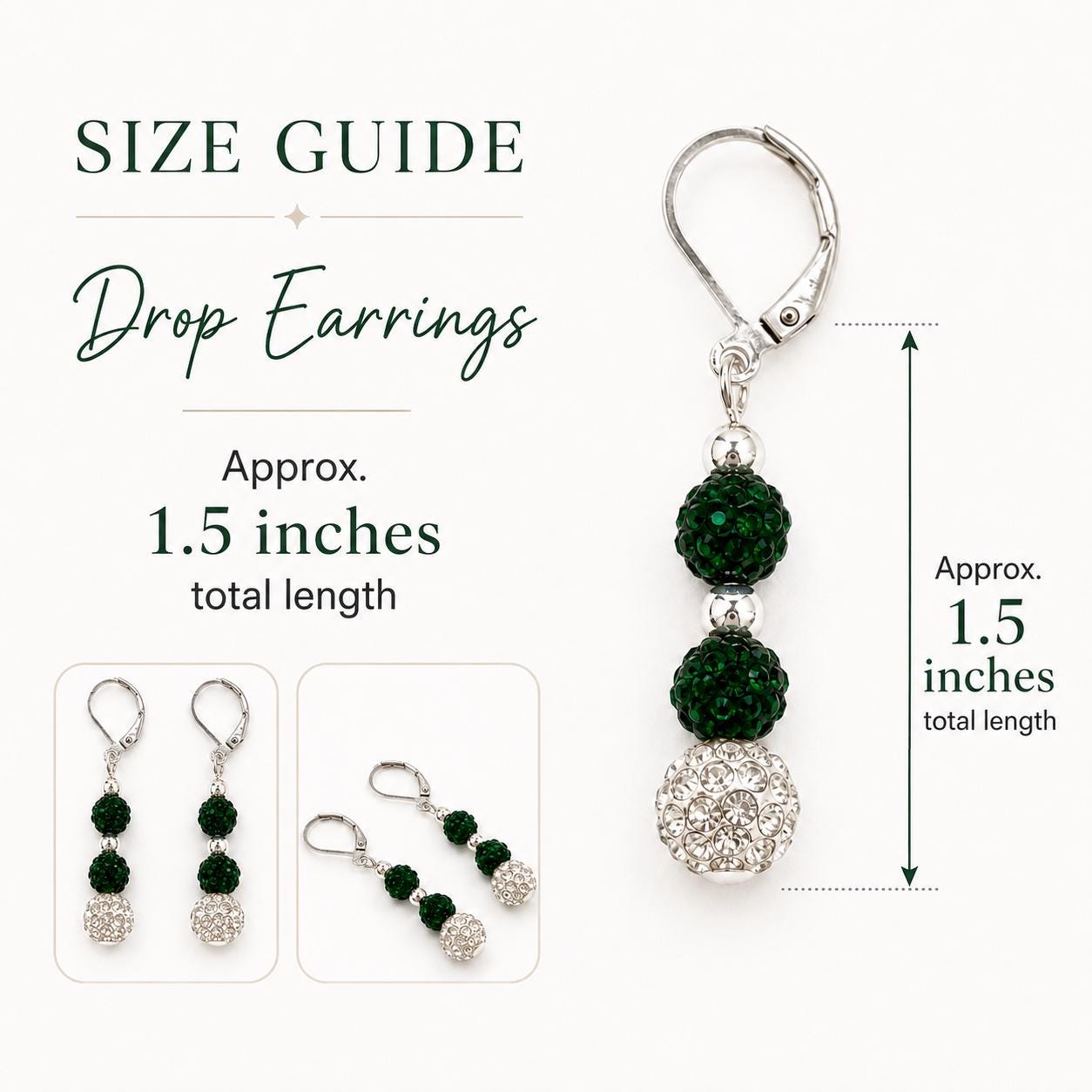 Emerald Green Rhinestone Drop Earrings, White Silver Spacer Dangles, 1.5 Inch Hypoallergenic Silver Jewelry Gift