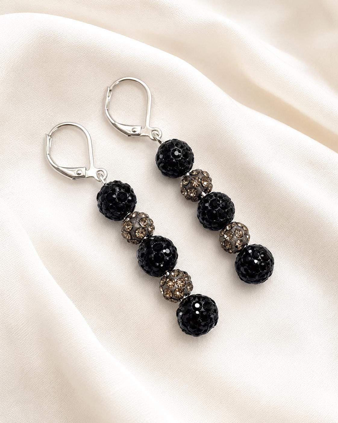 Black Gray Rhinestone Drop Earrings, 2 Inch Silver Hypoallergenic Dangle Earrings, Handmade Sparkle Jewelry Gift