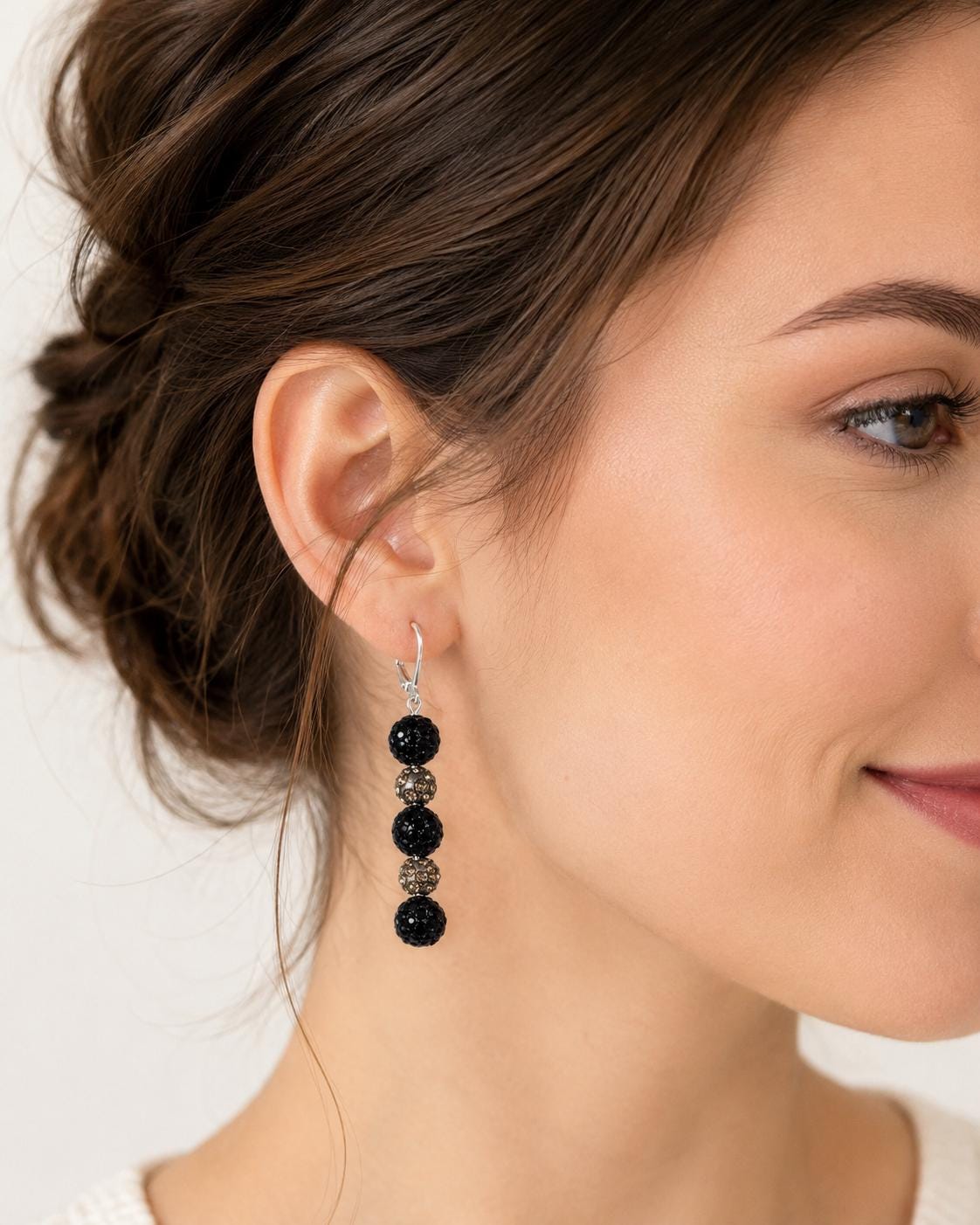 Black Gray Rhinestone Drop Earrings, 2 Inch Silver Hypoallergenic Dangle Earrings, Handmade Sparkle Jewelry Gift