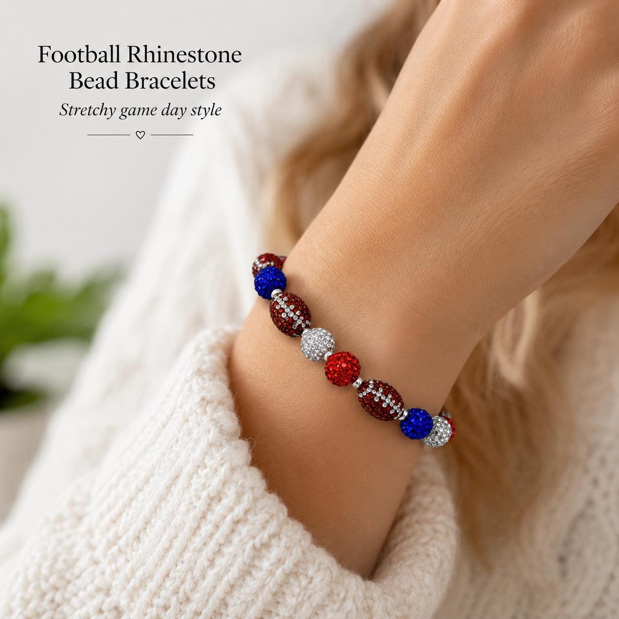 Football Rhinestone Bracelet, Red White Blue Bead Bracelet, Sparkly Game Day Jewelry, Football Mom Gift