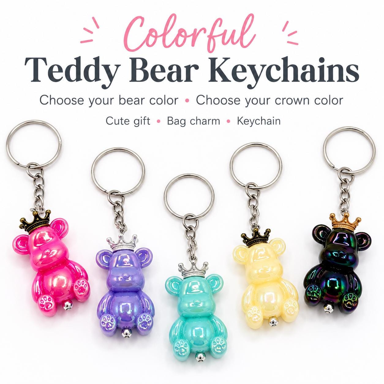 Royal Teddy Bear Keychain, Colorful Crowned Bear Bag Charm, Cute Princess Kawaii Key Ring, Party Favor Gift