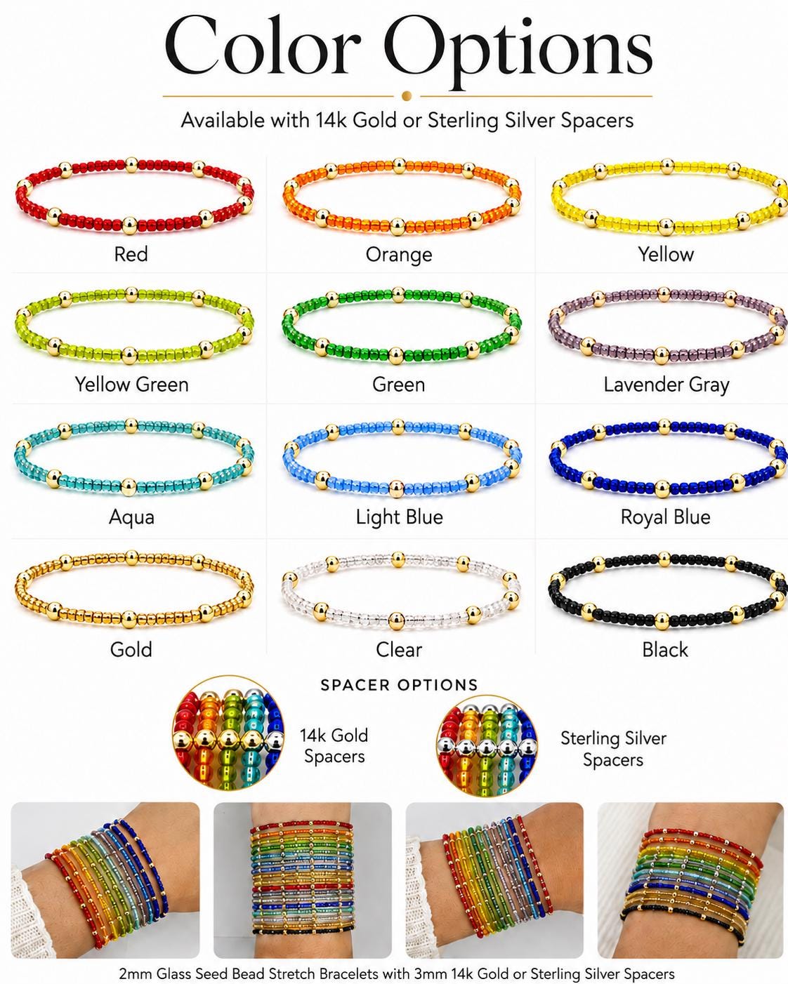 Dainty Glass Seed Bead Bracelet- 14k Gold- Sterling Silver- Silver Lined Semi Translucent Stretch Bracelets- Multiple Colors