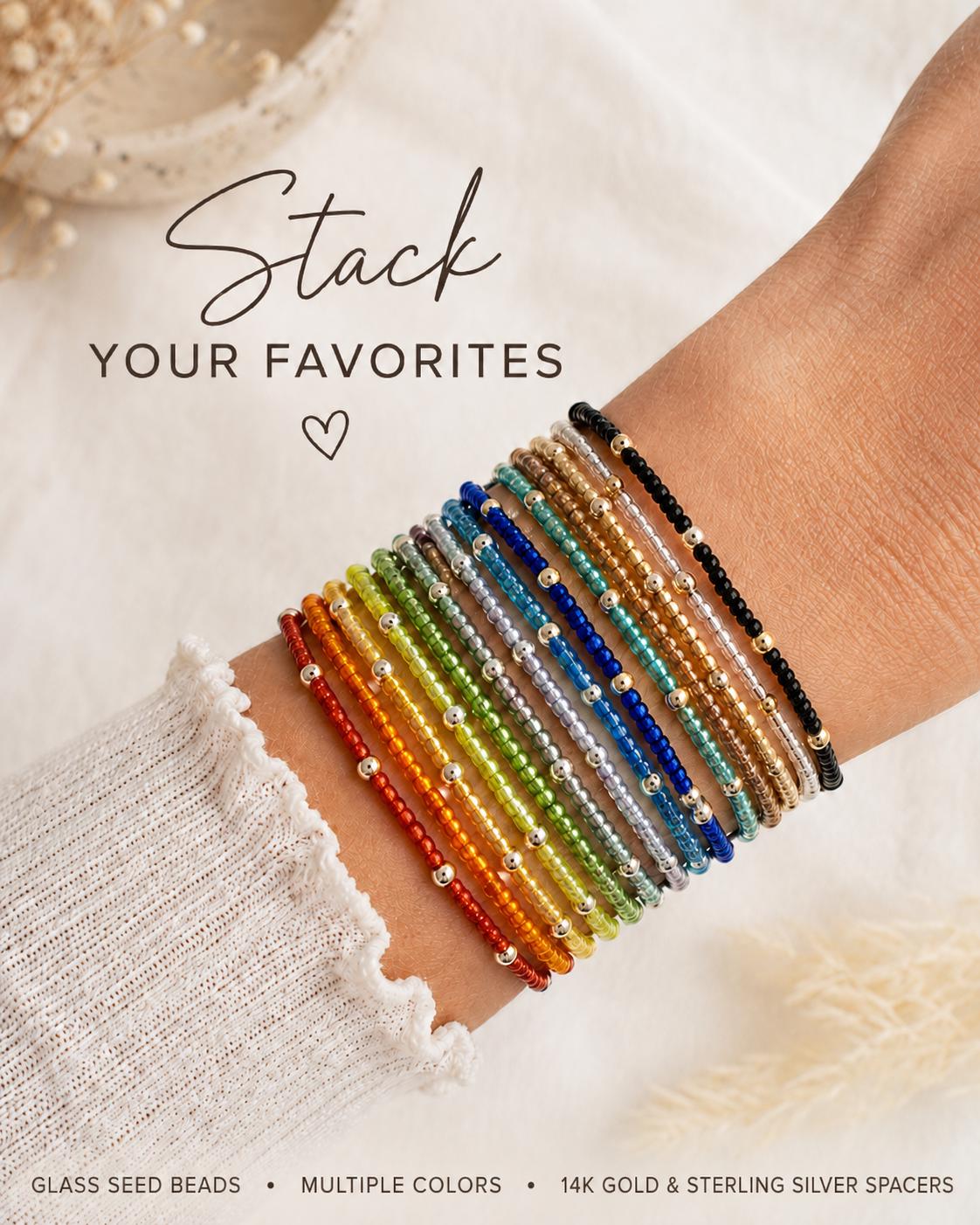 Dainty Glass Seed Bead Bracelet- 14k Gold- Sterling Silver- Silver Lined Semi Translucent Stretch Bracelets- Multiple Colors
