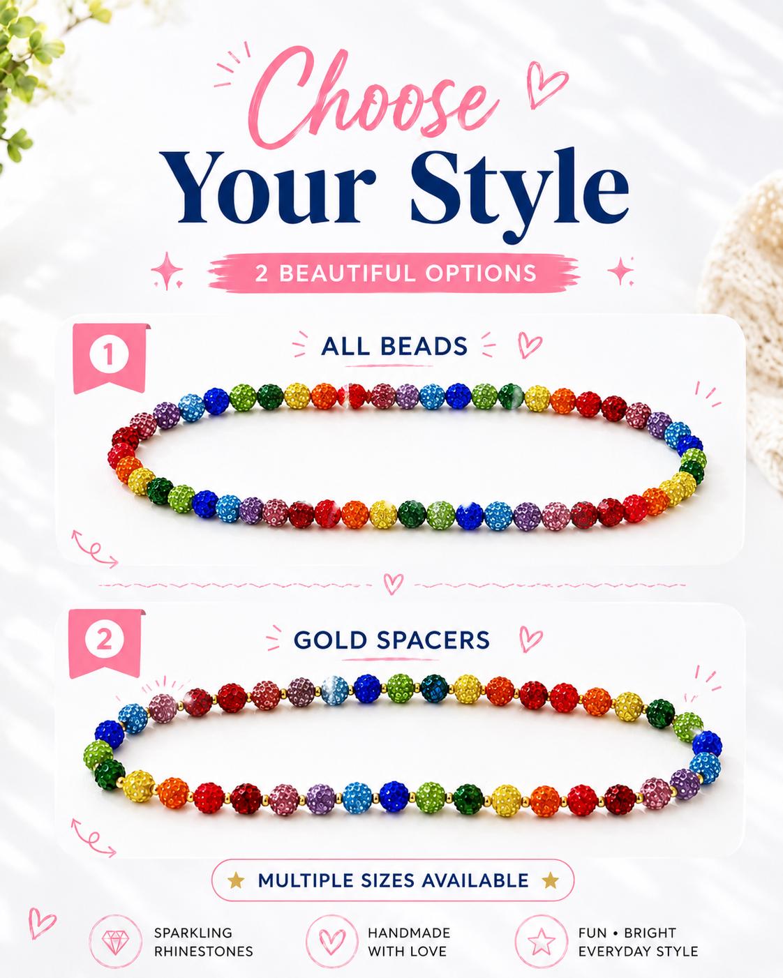 Rainbow Rhinestone Beaded Necklace, Sparkly Colorful Bead Necklace, Gold Spacer or All Bead Style, Handmade Statement Jewelry