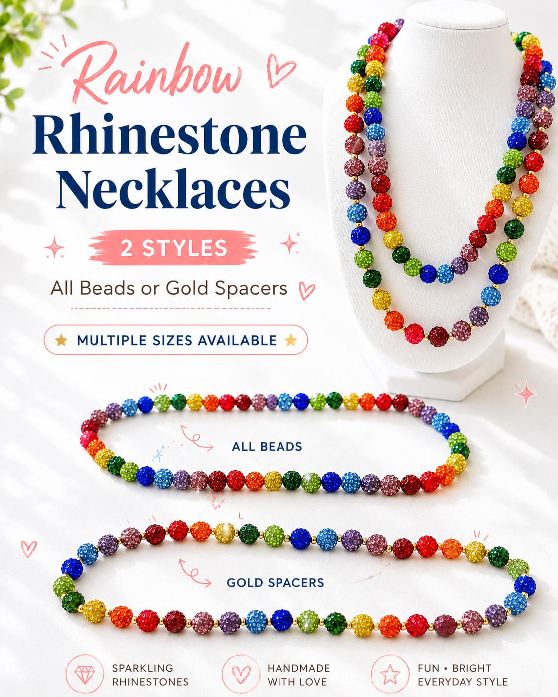 Rainbow Rhinestone Beaded Necklace, Sparkly Colorful Bead Necklace, Gold Spacer or All Bead Style, Handmade Statement Jewelry