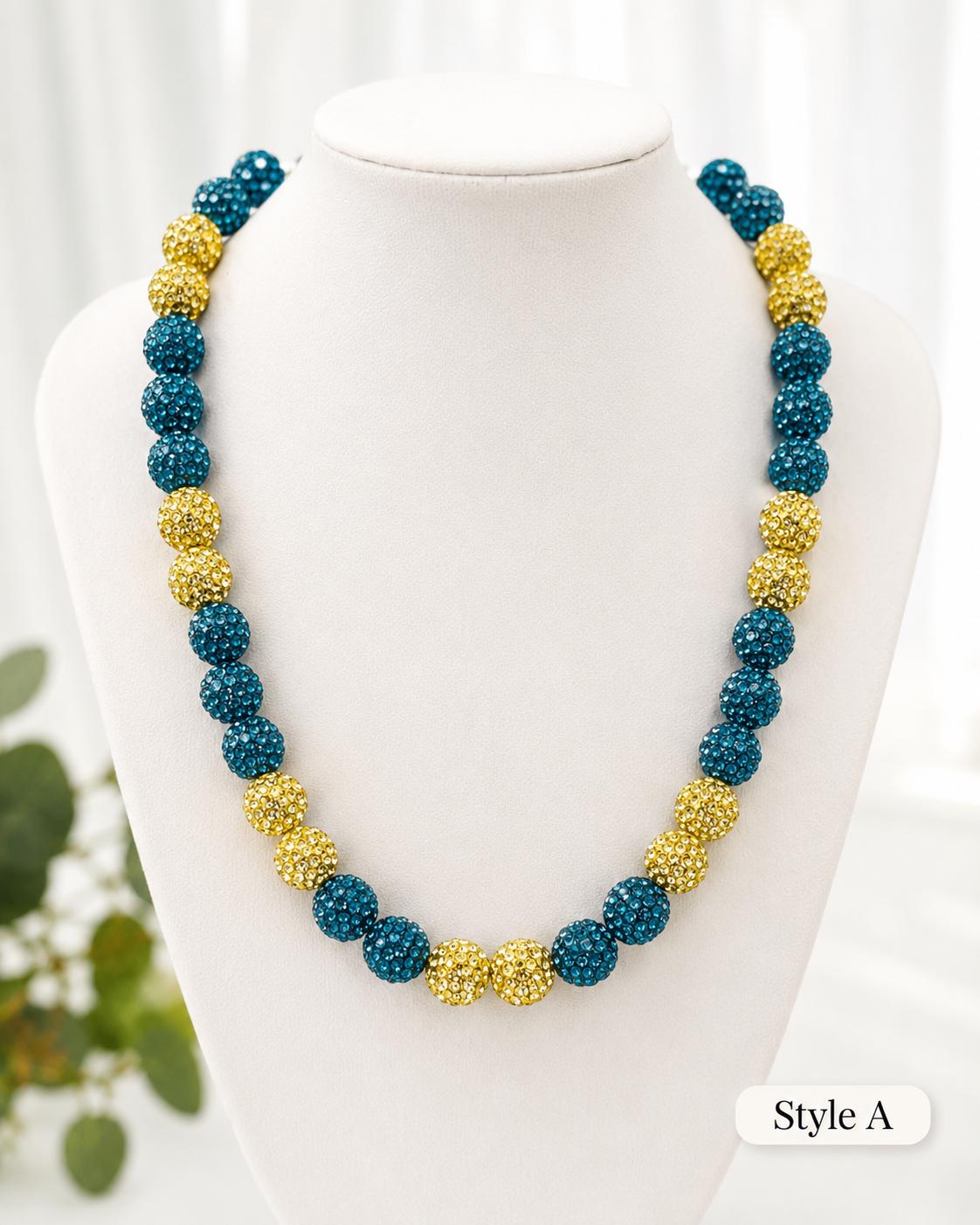 Rhinestone Shamballa Necklace- Teal/Silver/Gold