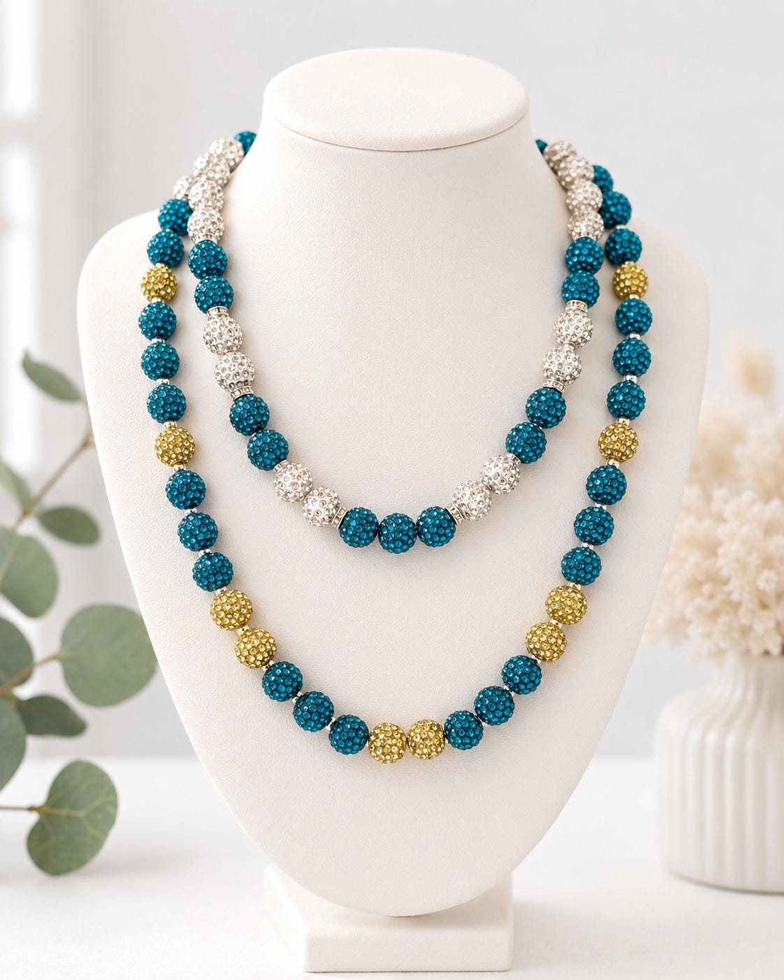 Rhinestone Shamballa Necklace- Teal/Silver/Gold