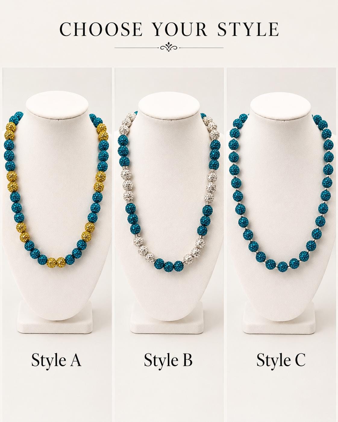 Rhinestone Shamballa Necklace- Teal/Silver/Gold