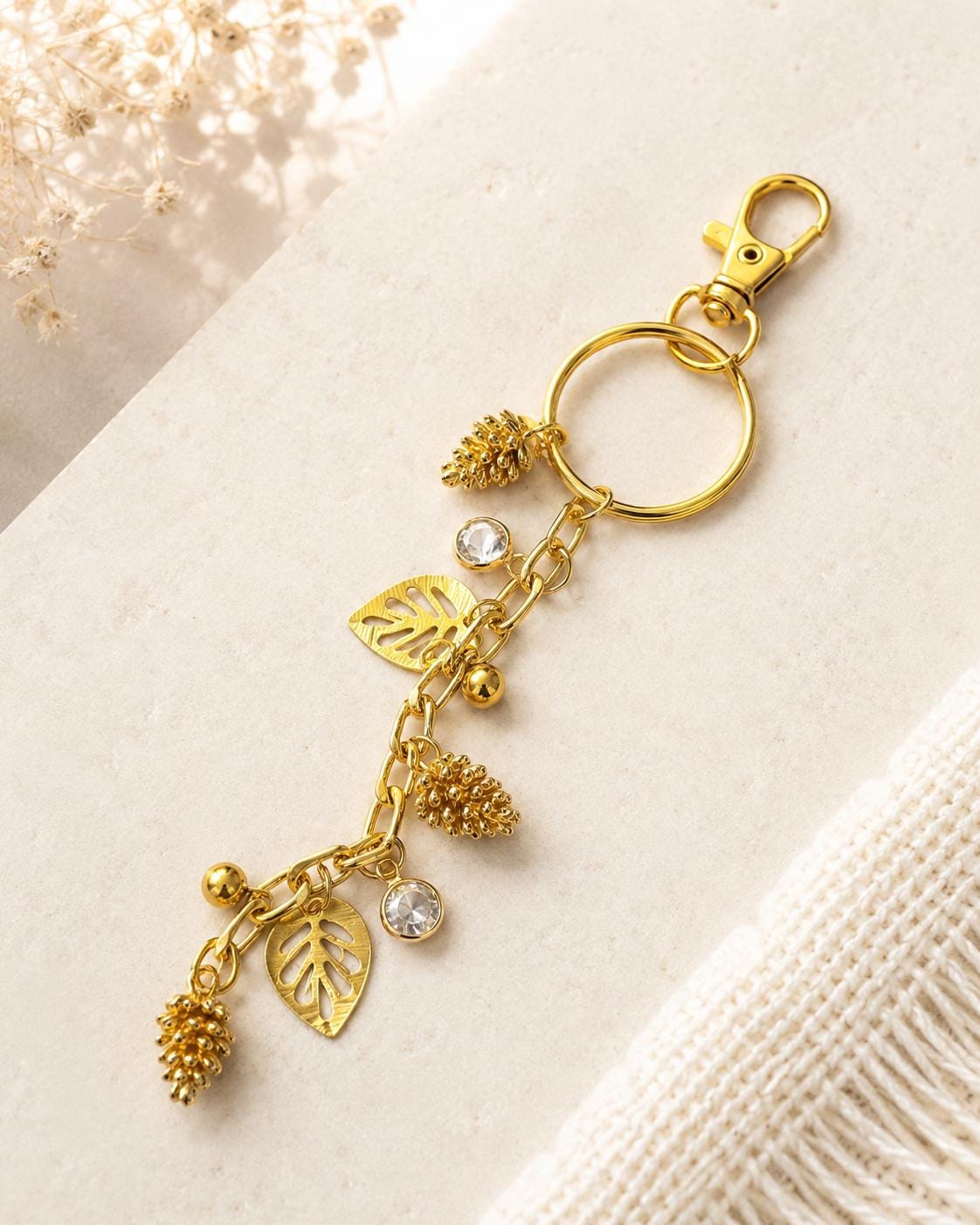 Gold Pine Cone & Leaf Charm Keychain