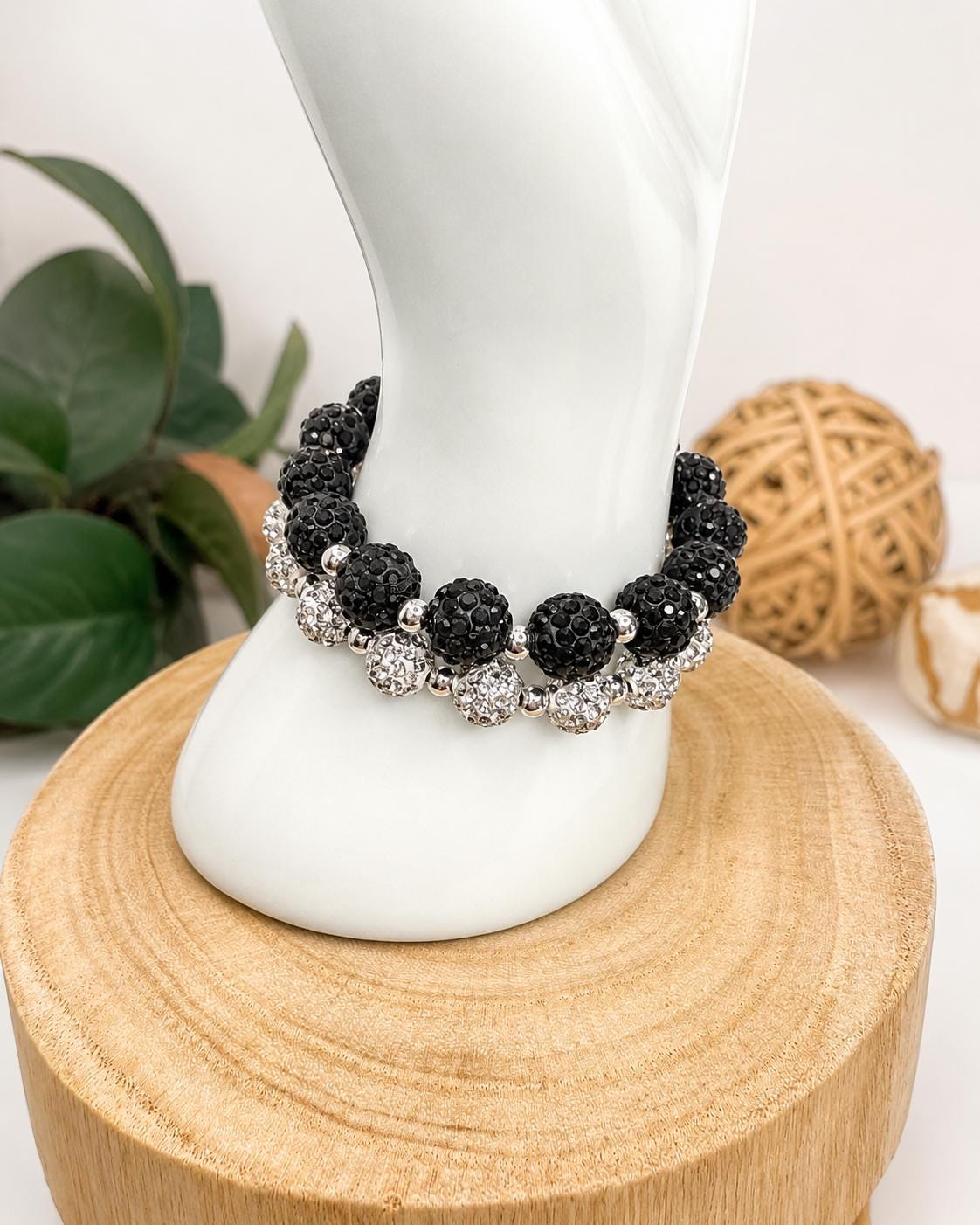 Elegant Sparkle Shamballa Bead Bracelets Grey Black White Handmade Jewelry Gift Set for Women - Stretchy, No Clasp Design