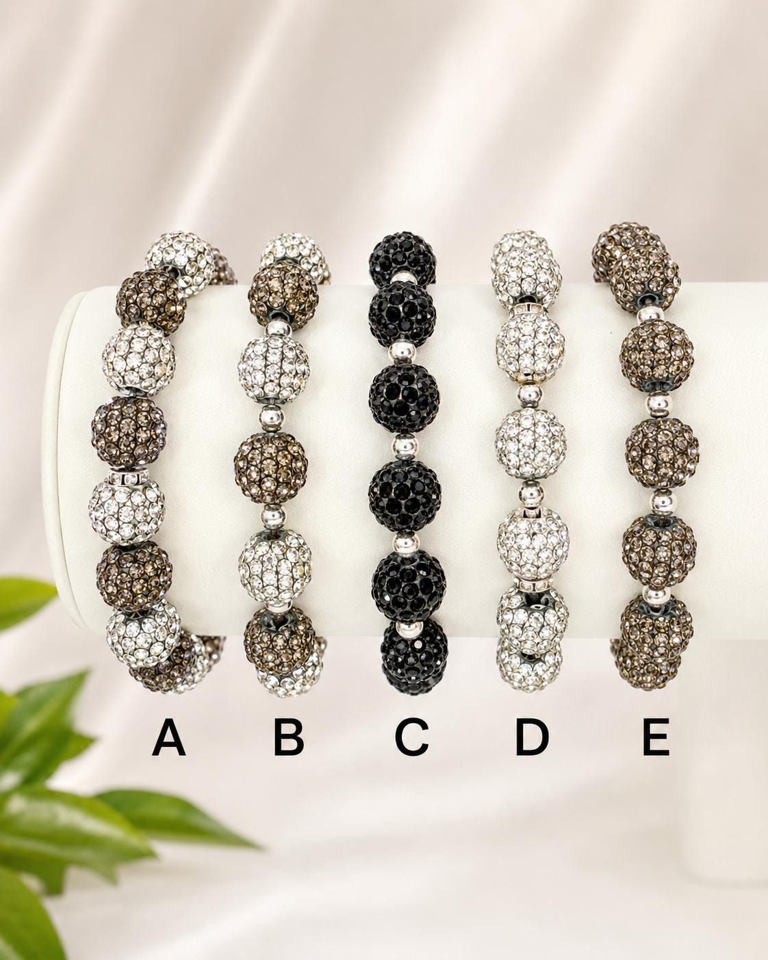 Elegant Sparkle Shamballa Bead Bracelets Grey Black White Handmade Jewelry Gift Set for Women - Stretchy, No Clasp Design