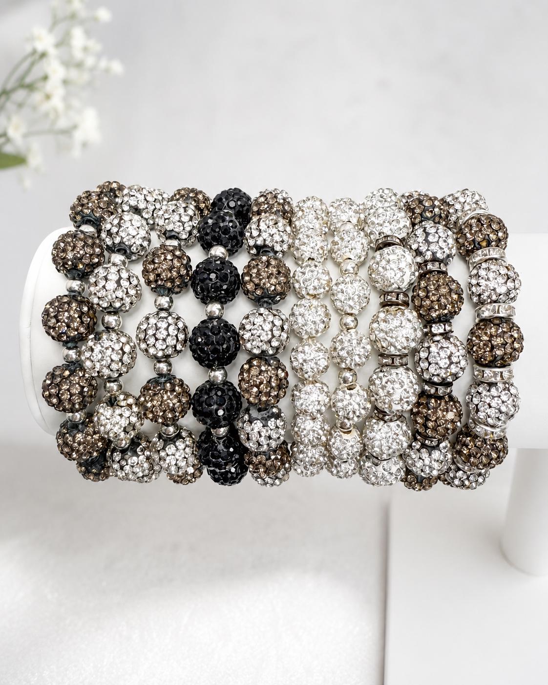 Elegant Sparkle Shamballa Bead Bracelets Grey Black White Handmade Jewelry Gift Set for Women - Stretchy, No Clasp Design
