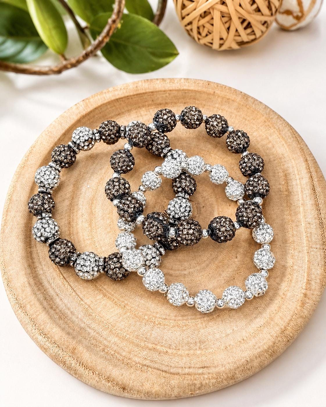 Elegant Sparkle Shamballa Bead Bracelets Grey Black White Handmade Jewelry Gift Set for Women - Stretchy, No Clasp Design